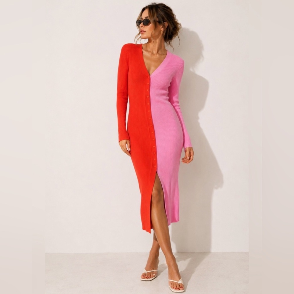 STAUD Two-Tone Ribbed Knit Midi Dress